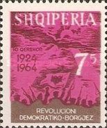 Revolutionists with Albanian flag and rising Sun