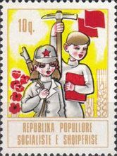Children with rifle, ax, book and flags
