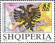 Albanian eagle over map of Europe