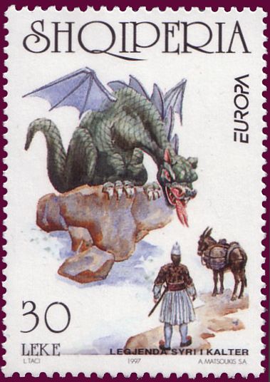 Dragon on rock looking at warrior, donkey