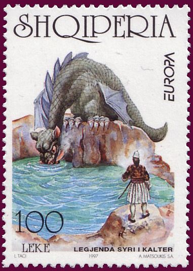 Dragon drinking water from pond, warrior