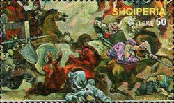 Scene of warriors in battle, painted by Naxhi Bakalli