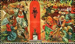 Scene of warriors in battle, painted by Naxhi Bakalli