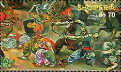 Scene of warriors in battle, painted by Naxhi Bakalli