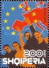 Men and women, flag of European Union and map of Europe