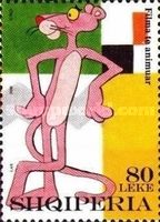Pink Panther, with elbow resting on orange panel