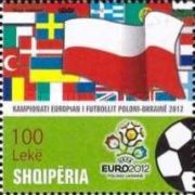 Emblem, football, European flags and large flag of Poland