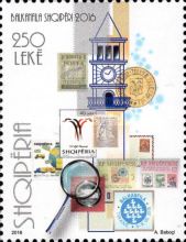 Albanian stamps and Clock Tower of Tirana