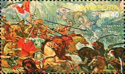 Scene of warriors in battle, painted by Naxhi Bakalli