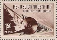 Winged letter and phonograph record in front of arrow