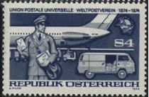 Mailman, jet, truck, and UPU emblem.