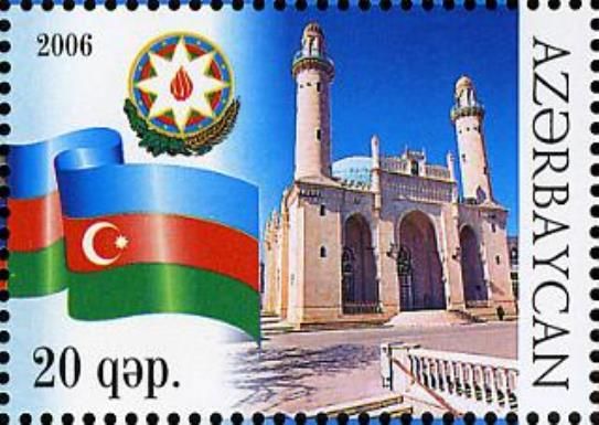 Azerbaijan Flag, Arms and Taza Pir Mosque, Baku