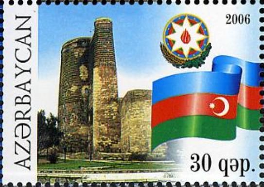 Azerbaijan Flag, Arms and Maiden's Tower, Baku