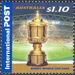 Trophy (Webb Ellis Cup) and Telstra Stadium