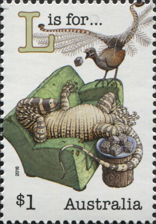 L is for Lyrebird on Lounge, Lace monitor, Lamingtons on Log
