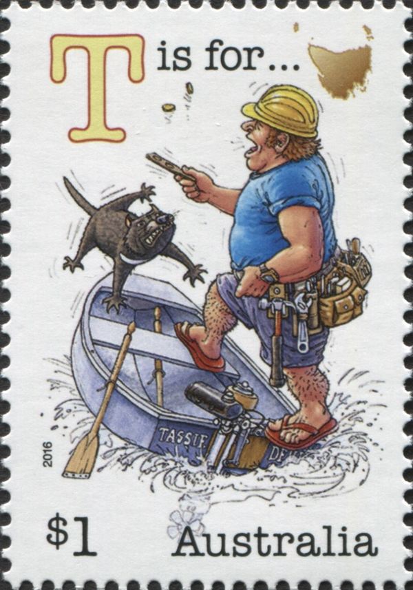 T is for Tasmania map, Tasmanian devil, Tradesman in Tinnie