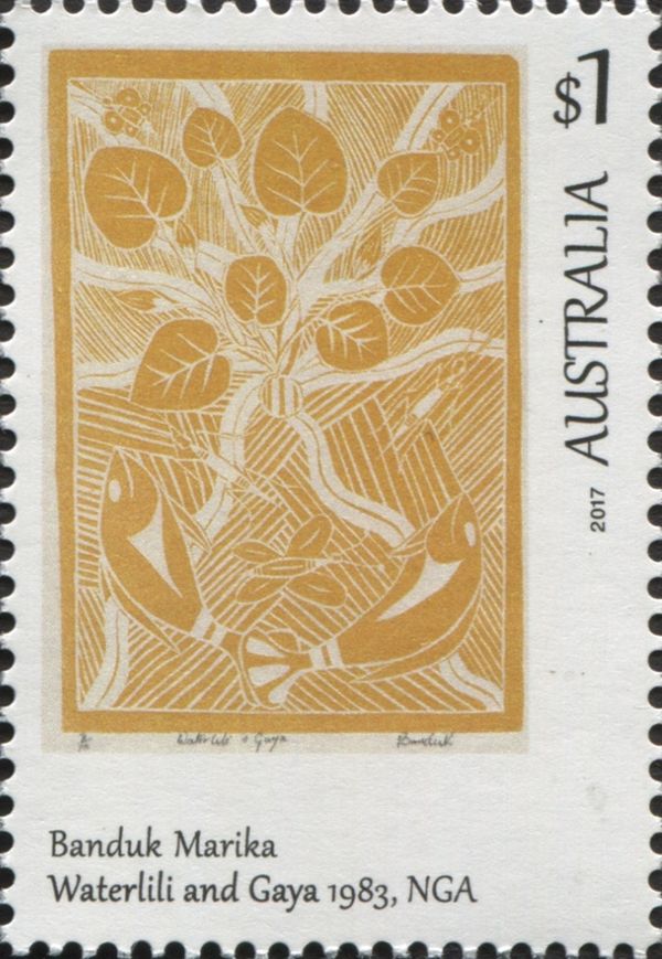 Waterlili and Gaya (linocut), Banduk Marika (1983)