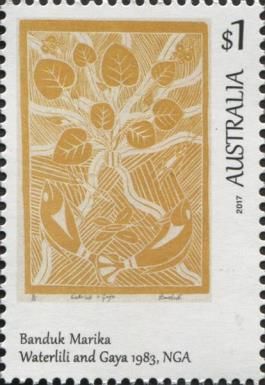 Waterlili and Gaya (linocut), Banduk Marika (1983)