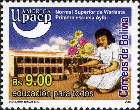 School Building, Girl with Flowers