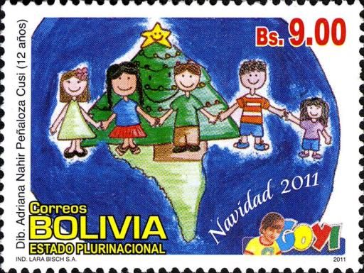 Children and Christmas Tree on Map of South America