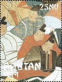 Poets with white, light blue, red and black kimonos