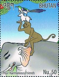 Four harmonious friends (bird, rabbit, monkey, elephant)