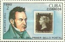 Portrait of Sir Rowland Hill and stamps of GB n.º1