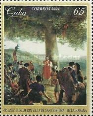 Painting showing priest in red vestments at base of tree