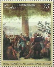 Painting showing group of men at base of tree