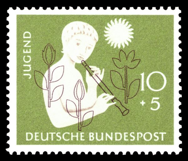 Girl with flute, sun, flowers