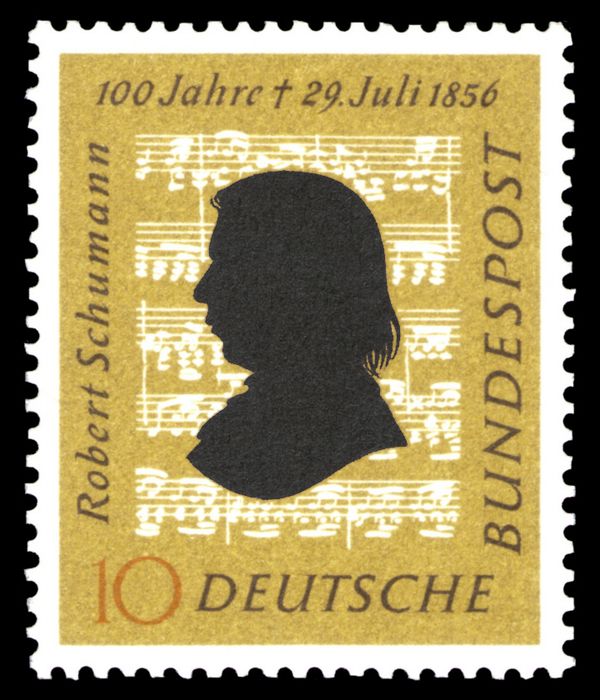 Silhouette of Robert Schumann (1810-1856), original notes