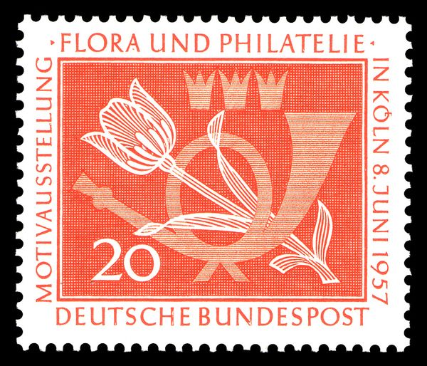 Posthorn, tulip, 3 crowns (coat of arms of the city of Colog