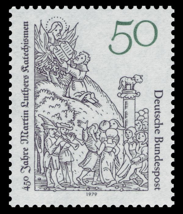 "Moses receiving the Tablets of the Law" (woodcut)