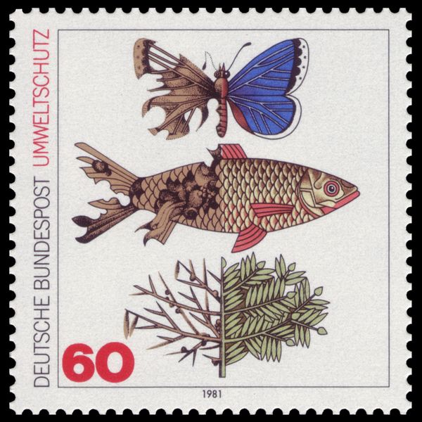 Polluted Butterfly, fish and branch, partially destroyed