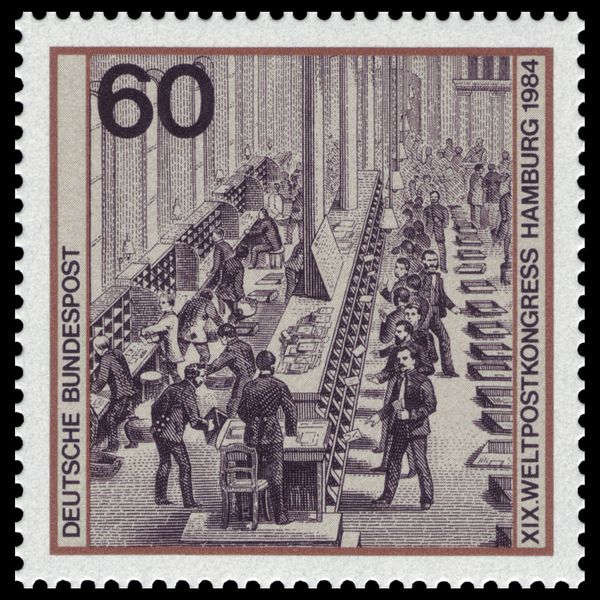 Letter sorting in the main post office in Berlin (1880)