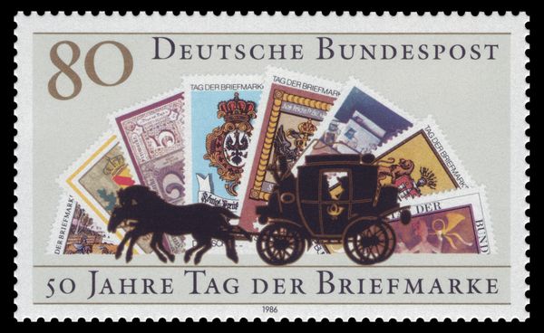 Fan of Stamps behind Stagecoach