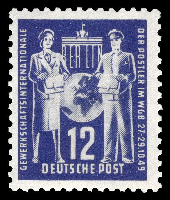 Brandenburg Gate, Berlin; Globe between postwoman and postma