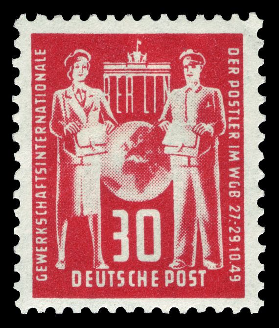 Brandenburg Gate, Berlin; Globe between postwoman and postma