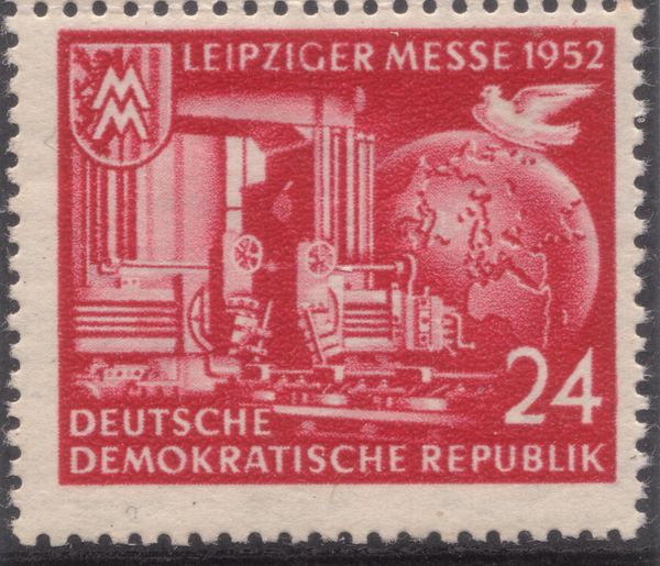 Leipzig city coat of arms with trade fair sign; heavy engine