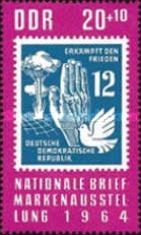 Stamp from 1950: Nuclear Bomb, Hand, and Peace Dove