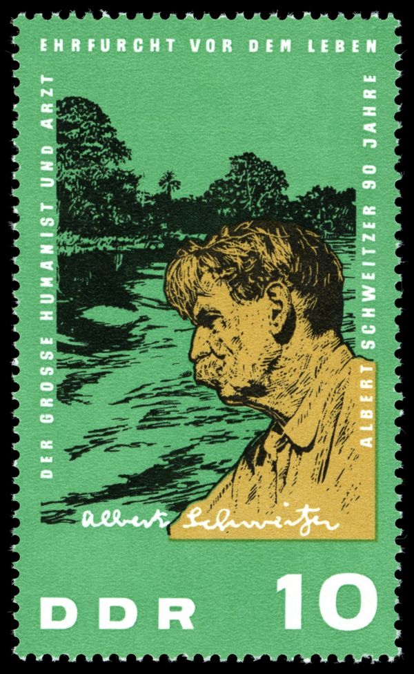 Albert Schweitzer (1875-1965), in front of boondocks
