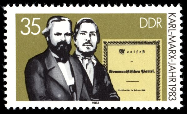 Marx and Engels with Communist Manifesto