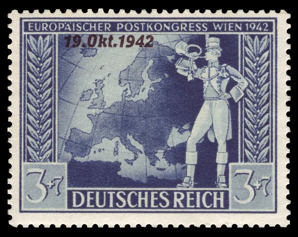 Trumpeting postillion in front of map of Europe