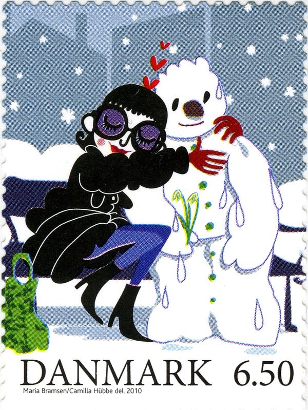 Woman embrace a snowman