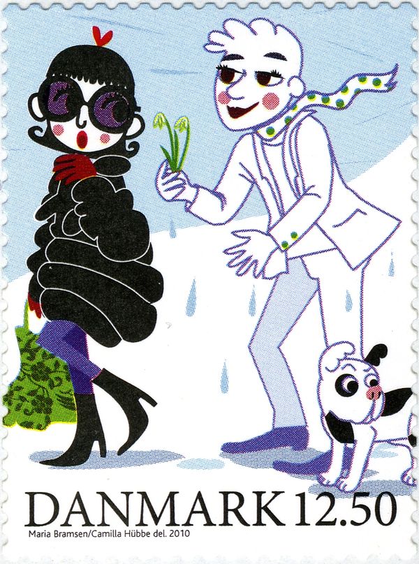 Man with dogs presents flowers to woman