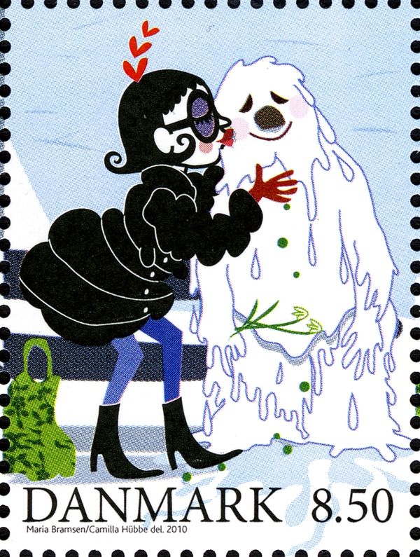 Woman kiss amelting snowman