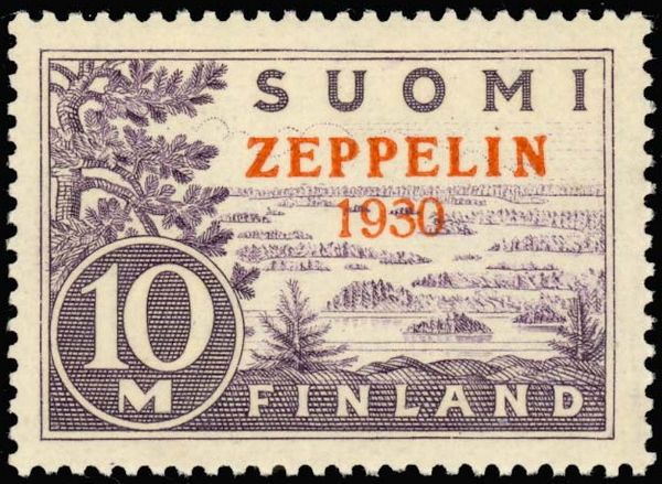 Zeppelin 1930. Red Overprint on 10 mark Saimaa, Type I