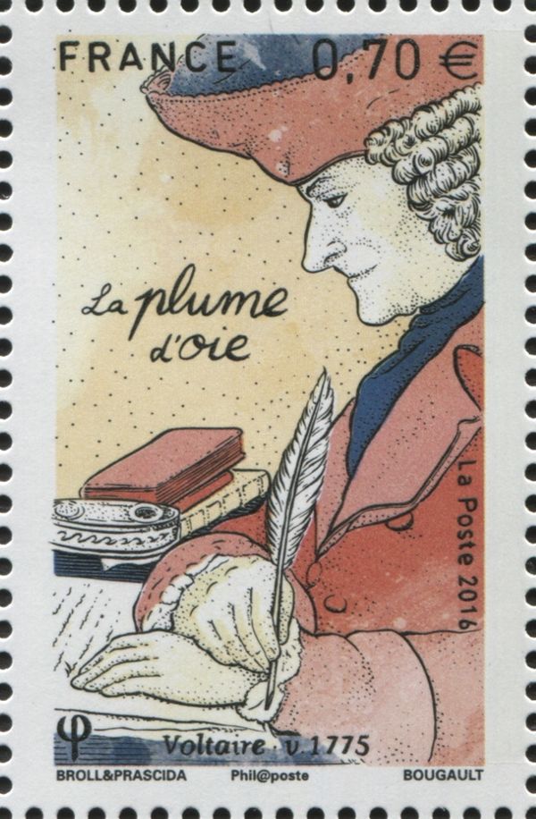 Voltaire writing with a goose feather