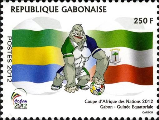 Flags of Gabon and Equatorial Guinea and mascot: Holding bal