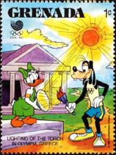 Goofy and Daisy Duck lighting Olympic Torch, Olympia